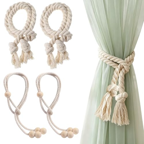 4 Stück Vorhang Raffhalter, Raffhalter Für Vorhänge, Boho Baumwollseil Set | mit Holzperlen und Quasten, Ohne Bohren, Handgewebte Fensterdekoration, Gardinen Halter für Wohnzimmer und Schlafzimmer