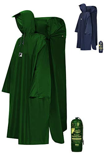HOCK Regenponcho Wandern 'Kraxen AS' mit Regenschutz für großen Rucksack Regencape Atmungsaktiv mit Sturmhalteband für Wanderprofis – Wanderponcho mit verstellbarer Vorderlänge - Grün - M