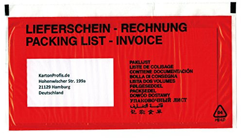 1000 LIEFERSCHEINTASCHEN DIN LANG DL Lieferschein/Rechnung Begleitpapiertaschen