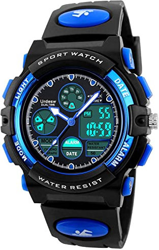 Urdesw Kids Digital Waterproof Watches for 6-15 Year Old Boys Electronic Analogue Quartz Watch with Wrist Watch Rubber Waterproof Outdoor Sports Watches Christmas Day Gifts