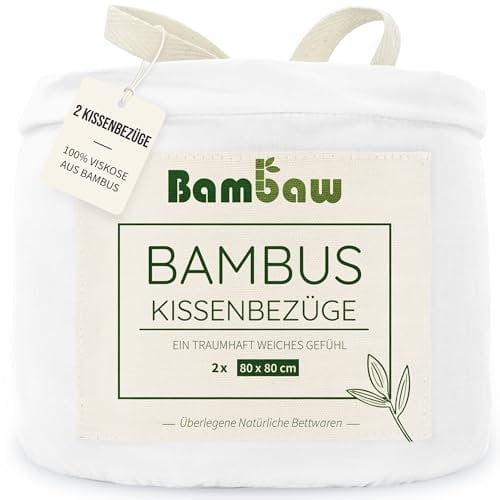 Bambaw Taie d'Oreiller en Bambou 80x80 cm, Lot de 2, Taie d'Oreiller Anti Acné, Drap Bambou Rafraichissant, Bon pour les Cheveux et le Visage, Anti Acariens Literie, Drap Fraicheur (Blanc)