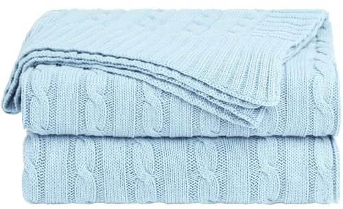 sourcing map Kuscheldecke Baumwolle Decken Strick Tagesdecke Weich & Warm für Schlafzimmer Sofa usw. Hell Blau 120x180cm