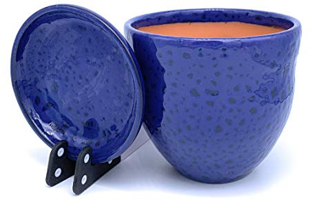Sun Cakes Ceramic Plant Pot Glazed with Saucer Round Terracotta with Drip Tray Flower Pot Clay Coloured Flower Pot Gala (14cm x 12cm, Blue)