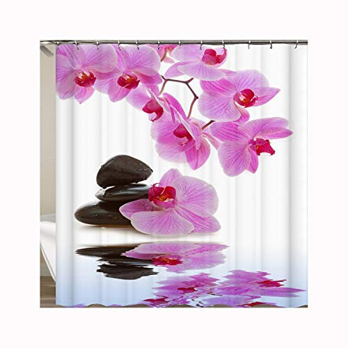 SonMo Duschvorhang Polyester Anti-Bakteriell Polyester Wasserdicht Badezimmer Vorhänge Duschvorhangringen Orchidee mit Steinen Weiß 180X200CM