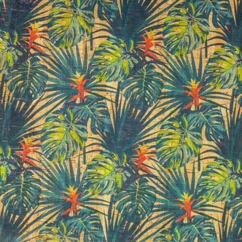 50 cm x 70 cm Palmenblätter, 100 % vegan, natürlicher bedruckter Korkstoff aus Portugal langlebig, flexibel, leicht zu nähen, ohne Tierversuche zu machen, für Taschen, Schneidern, Geldbörsen