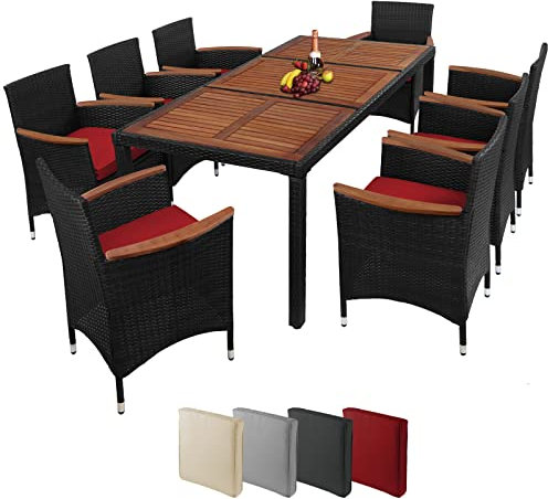 Montafox Sitzgruppe 8 Personen Poly Rattan Sitzgarnitur Akazienholz Tisch 190 x 90cm Sitzkissen 6 cm Terrasse Garten Essgruppe Schwarz Gartenmöbel Set, Farbe:Abendsonne