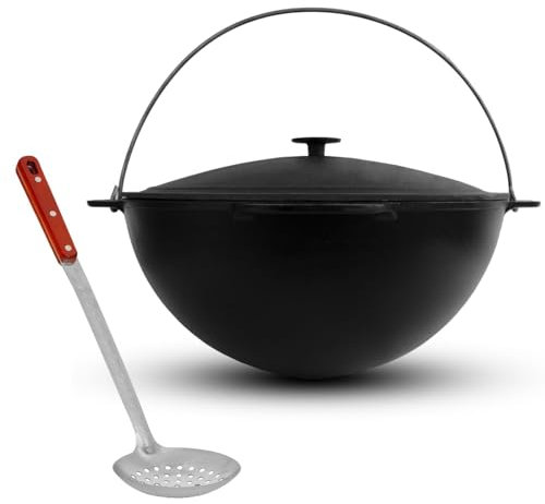4BIG.fun Schwenktopf Kazan 15 L Camping Gusseisen mit Bügel und Deckel + Schaumkelle Bräter Tatarskij Plow BBQ Grillen Kohle Kessel Außenküche Feldküche Zelten Gulasch