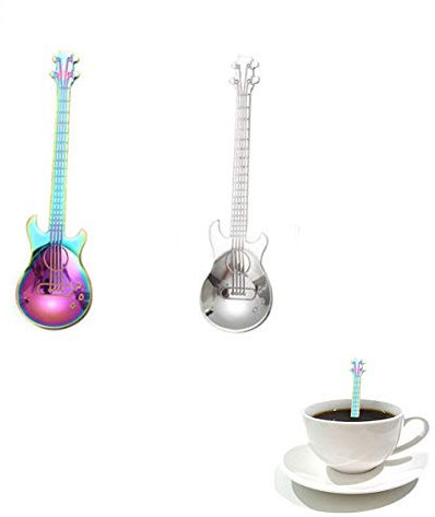 FHEDE 2 stück Gitarren Kaffeelöffel Löffel Set, Bunte Edelstahl Dessertlöffel, Rostfreiem Stahl Süße Teelöffel zum Rühren, Mischen, Zucker, Dessert, Marmelade, Eislöffel, Bar, Geschirr (2)