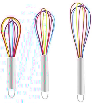 3Pcs Silicone Whisk Set Plastic Whisks Small Silicone Tipped Balloon Whisk Rainbow Manual Colourful for Childrens Kids Mini Hand Baking Cooking Non Stick Pans 8/10 /12Inch