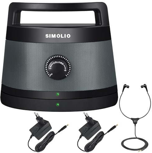 SIMOLIO Altavoz DE TV inalámbrico para Mayores, 2,4GHz Altavoz portátil para escuchar TV, Altavoz de Mano para TV, Digital Amplificador Asistido, sin demora, Óptica/RCA/AUX, 30m, 2 adaptadores SM-621D