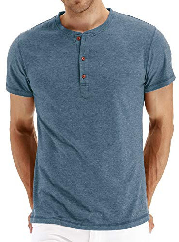 LBL Men's Fashion Casual Front Placket Short/Long Sleeve Henley T-Shirts Cotton Shirts 28 Light Blue S