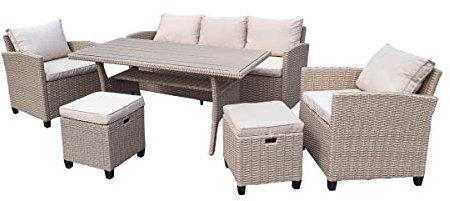Green Spirit - Dining-Lounge Madeira II - Beige, Polyrattan, für 7 Personen, Wetterfest, Gartenmöbel-Set mit 3-Sitzer Sofa, Tisch, Sessel und 2 Hockern