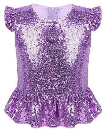 renvena Mädchen Glitzer Oberteil Top Ärmellos Pailletten Shirt T-Shirt mit Rüschen Flatterärmel Kinder Tanz Party Karneval Kostüm Lavender 110-116/5-6 Jahre