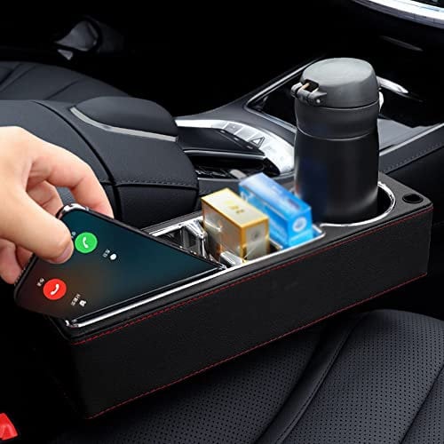 ihreesy PU-Leder Autositz Lückenfüller, Universelle Autositz Organizer Multifunktional Auto Getränkehalter Aufbewahrungsbox Konsole Seitentasche Auto Organizer für Handy Sonnenbrillen,Beige