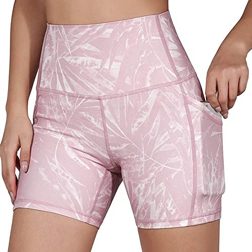 KOEMCY Short Sport Femme Shorts Legging de Sport avec Poches Shorts de Cycliste Contrôle du Ventre Élasticité Taille Haute Collants Shorts Short de Yoga Fitness Gym pour Jogging Running (Rose, S)