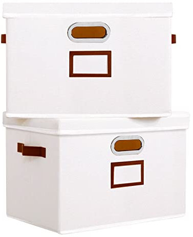 OUTBROS Aufbewahrungsbox mit Deckel und Griff,Faltbarer Aufbewahrungskörbe mit Etikettentasche,2 Stück Kisten Aufbewahrung,Geeignet für Schlafzimmer, Wohnzimmer38 x 25 x 25 cm,Weiß