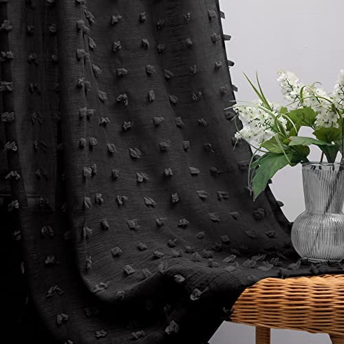 108 Inches Extra Long Black Curtain Panels Drapes for Living Room Back Tab Rod Pocket Pom Pom Tufted Floral Textured Semi Sheer Curtains for Bedroom Large Tall Window High Ceiling to Floor 9ft