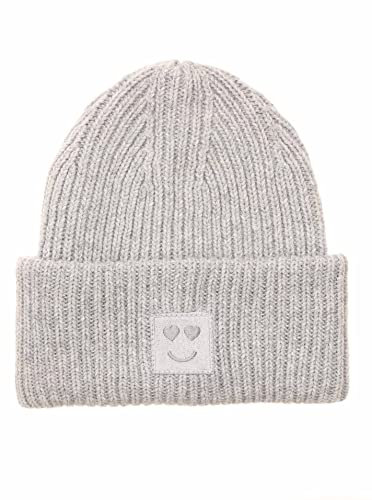 Zwillingsherz Slouch-Beanie-Mütze mit Wolle - Hochwertige Strickmütze mit Herz Smileys Patch für Damen Mädchen – Hat - Grobstrick - One Size - warm und weich für Frühling Herbst und Winter
