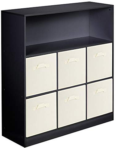 URBNLIVING Wooden Wide 7 Cubed Cupboard Bookcase Storage Units Shelves 6 Drawers Baskets (White Drawer, Black Bookcase)