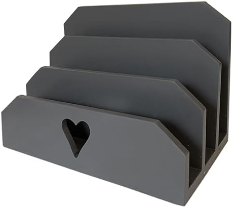 GreyZouq Stylish Wooden Letter Rack with Heart Cut-Out Window - 3 Sections for Mail, Vintage-Inspired Letter Holder, Mail Organiser, Office Organiser & Post Holder, Desk Storage, Dark Grey