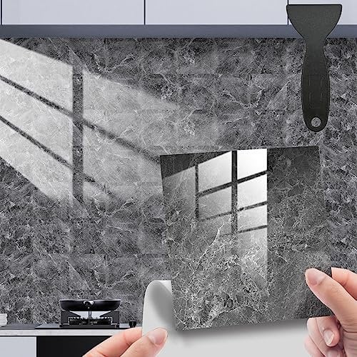 Marble Tile Stickers for Kitchen Bathroom Backsplash PVC Tiles Waterproof Oil Proof DIY Self Adhesive Wall Tiles Stickers Home Decor 15x15cm(6x6) 20pcs, Grey Marble Pattern