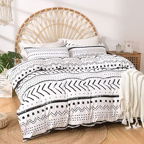 Tokokimo Housse de Couette 220x240 avec 2 Taies d'oreiller 65x65 cm - Design Bohémien - Parure de lit 220x240 Adulte - 100% Microfibre Housse Couette avec Fermetures éclair, Blanche avec Lignes Noir