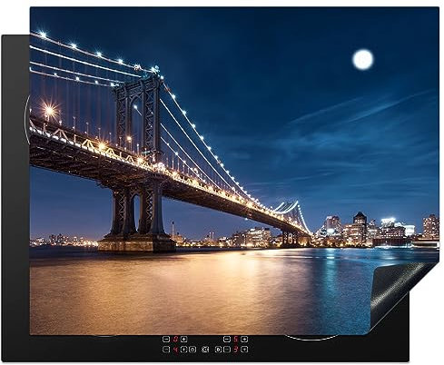 KitchenYeah© Herdabdeckplatte Einteilig Küche Herdabdeckung Induktionsfeld Ceranfeld Herdabdeckplatten Vinyl Matte Aufrollbar Brücke - Licht - Abend - See - Blau - Stadt - 65x52 cm