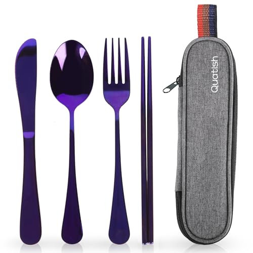 Quatish Camping Besteck, 5 Stück Edelstahl Reisebesteck mit Etui, Besteckset to Go, Edelstahl Bestecktasche für Unterwegs, Outdoor, Reise, Arbeit, Schule, Violett