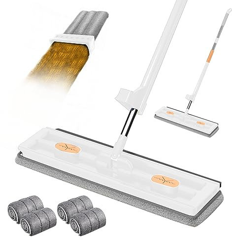 Balais Plat Réglable Rotative à 360° avec Tampons en Fibre Super Absorbants et Utilisation Humide et Sèche, Balai Serpillère avec Compression Automatique de l'eau(4 Tampons en Microfibre) (Blanc)