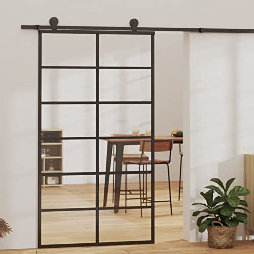 Homgoday Puertas correderas Puerta de Granero corredera Estilo rústico Puerta corredera Aluminio y ESG Vidrio Puerta corredera 102x205 cm Negra