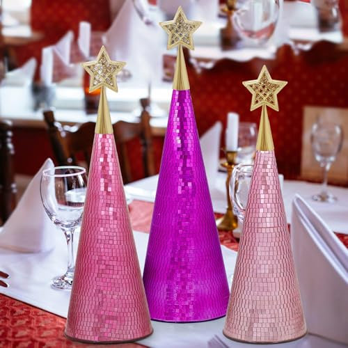 Rosa lila Glas Weihnachtsbäume Set von 3, 43,2 cm, 38,1 cm, 33 cm, kleiner Tisch-Weihnachtsbaum, handgefertigt, Disco-Dekor für Weihnachten, Tisch-Party-Dekoration