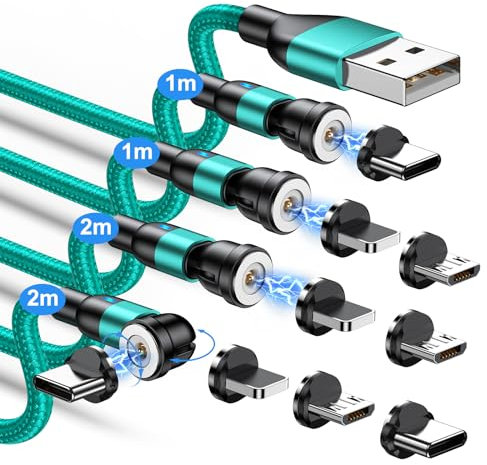 TUNKIA Magnetic Charging Cable, 3-in-1 Magnetic Charging Cable [1 m + 1 m + 2 m + 2 m] 360° and 180° Rotatable Magnetic USB Charging Cable for Type C/Micro USB/i Products/Smartphone