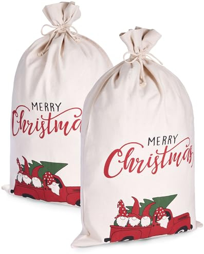 BRUBAKER Weihnachtssack Weihnachtsauto - Merry Christmas - 80 cm Geschenksack Weihnachten - Nikolaussack Sack Baumwolle mit Kordel für Geschenke - Gnom Familie im Auto mit Tannenbaum - 2 Stück