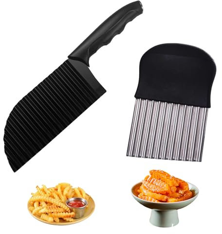 Jortmrd Set de 2 Couteau Frite Ondulé en Acier Inoxydable Coupe Pomme de Terre Multifonction Crinkle Cutter Tomate Decoupe Frite en Tranches, Coupe Legumes Couteau pour légumes, Fruits, Salade