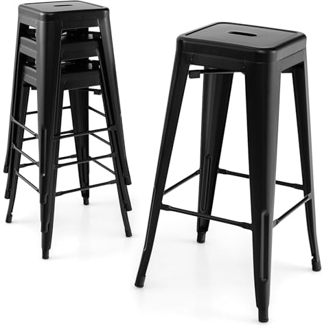 RELAX4LIFE Taburete de Bar de 4 Unidades, Taburetes Altos de Cocina de Metal con Reposapiés, Taburete Alto Industrial Apilable para Cocina/Bar/Encimera/Comedor, Altura 76cm, Carga 150kg, Negro