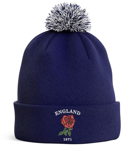Purple Print House Embroidered England 1871 Bobble Hat Men Women Rugby English Rose Supporters Nations Winter, One Size, Navy