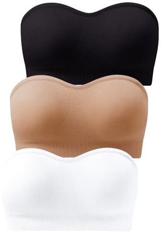 GXIN 3 Piece Women Strapless Bandeau Bra Padded Seamless Ladies Bralettes Stretchy Bandeau Tube Top Bras (UK, Alpha, XL, Regular, Regular, Standard, Black, White, Nude)