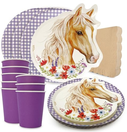 PARTY PARTY 40 Teile Pferde Party Set Lila 8 Gäste, Partyteller in Pferdekopf Form, Partygeschirr Partybecher, karierte Pappteller, Servietten, Geburtstag Pferde Deko, Pferdegeburtstag