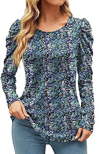 2024 New Tshirts for Women Sleeve Tunic Tops Pleated Crew Neck Casual Work T Shirts With Smocked Cuffs Plain Long Sleeve T Shirt Women plus Size (Blue, S)