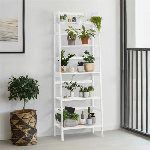 CAPHAUS 5-Tier Bamboo Ladder Shelf, Bamboo Open Storage Ladder Bookshelf, Freestanding Plant Standing Display Stand, Multifunctional Storage Rack Stand for Bathroom, Bedroom, Kitchen, White