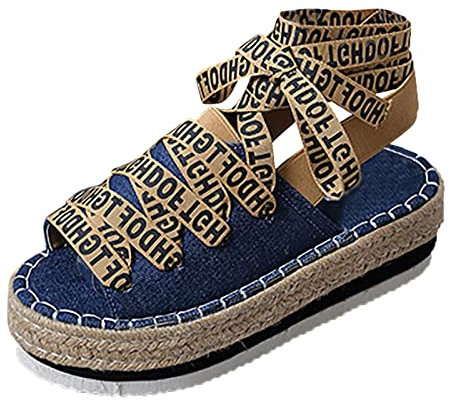 DJYQLCWA Sandalias Mujer Tacon Zapatos de mujer Plataforma Sandalias Cuerda Paja Letras Pie Anillo Correa Mujeres Sandalias planas Moda y zapatos casuales Cuñas Mujer Bajas (Blu