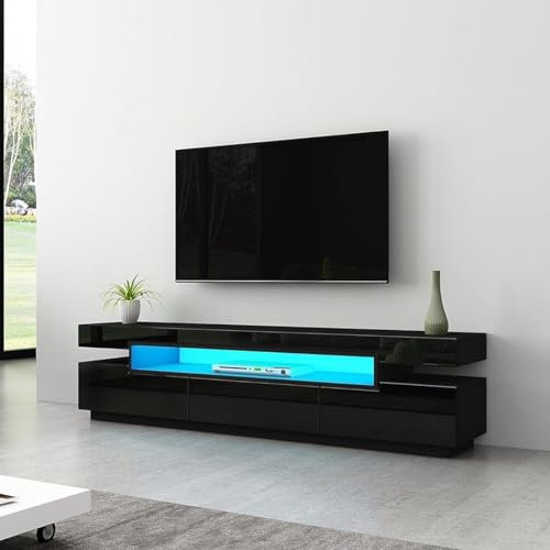 Generisch LED TV Schrank 160cm Moderner Hochglanz TV Lowboard mit 3 Schubladen, Sideboard für Schlafzimmer, Wohnzimmer, Wohnmöbel (Schwarz), TS02-BK
