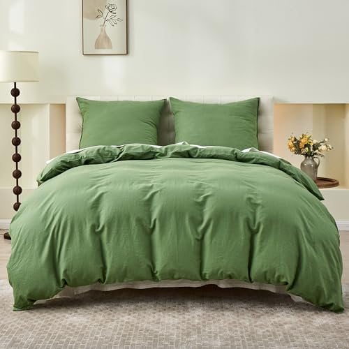Simple&Opulence Halbleinen Bettwäsche 135x200, Atmungsaktiver Bettbezug Set aus Baumwolle und Leinen mit 80x80 cm Kissenbezug,Oeko-TEX Sommerbettwäsche,Grün