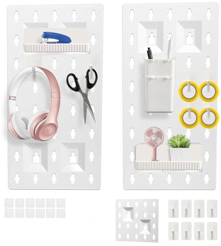 Yabound Pegboard, Weiß Lochplatte Schreibtisch, Stecktafel Wand Organizer, Modulares Pegboard-Zubehör, Schreibtisch Pegboard für Home Büro Küche, 3 Stück Stecktafeln und 12 Zubehör