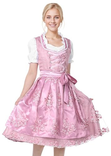 Angenster Dirndl Damen Midi, Oktoberfest Damen Outfit Trachtenkleid Damen Dirndl Rosa mit Kleid Bluse Schürze, Elegantes Dirndl Edelnice Dirndl für Damen, Bayerisches Dirndl-Komplettsets (Rosa, XL)