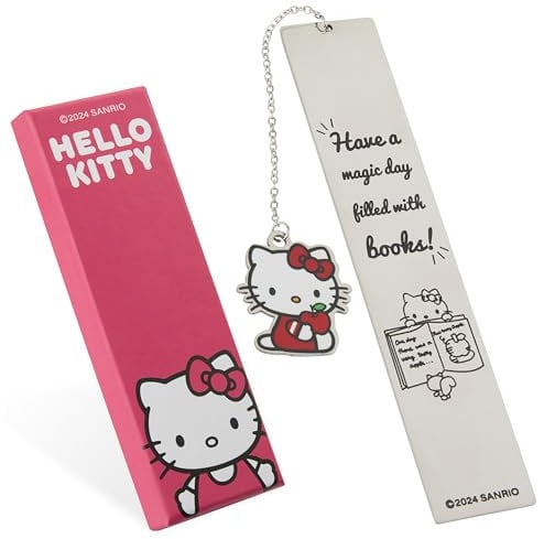 Hello Kitty - Marque-Page Métallique avec Breloque Suspendue, Accessoire Lecture - 100% Acier Inoxydable - Gris - 1 Pièce