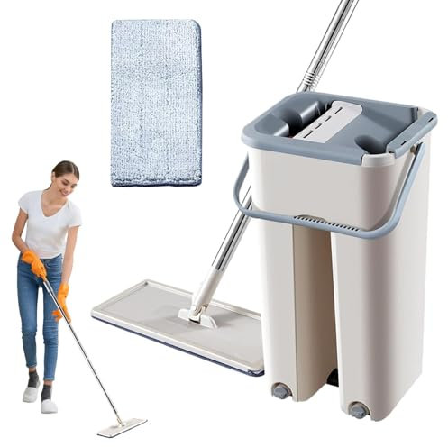 Fregona de limpieza de suelos planos, trapeador plano con escurridor, mopa multifuncional y cubo con juego de escurridor para el hogar, uso seco y húmedo, juego de fregona plana y cubo para limpieza