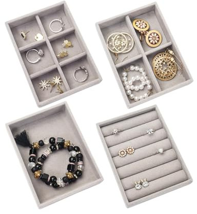 Nwvuop 4 Pack Jewellery Organizer Tray, Stackable Velvet Small Jewellery Trays for Drawer, Mini Jewelry Drawer Organiser Earring Organiser 4.92× 3.74× 1 inches(Grey)