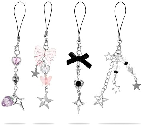 PEOVLVN 4 Pcs Cute Phone Charms - Aesthetic Y2K Strawberry Butterfly Star Heart Phone Charms Strap for Case Bag Purse Keychain Camera Decor