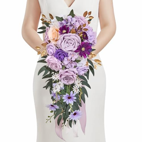Alecono Hochzeitssträuße für Braut, künstlicher Blumenstrauß, violette Brautsträuße für rustikale Hochzeitszeremonie, Jubiläumsdekoration (20,3 cm)